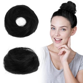Real Human Hair Messy Bun Hair Piece Jet Black Fluffy Donut Updo Extension - Color: Natural Black