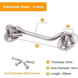 Cabin Hook Gate Hook Lock Silver,Stainless Steel Heavy Duty Gate Latch, Hook and Eye Latch for Garage,Shed Door,Window (4Inch-100mm-1piece)