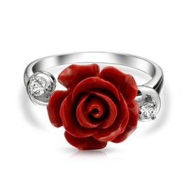 CZ Accent Flower Fashion Red carved Rose Statement Ring For Women For Teen .925 Sterling Silver
