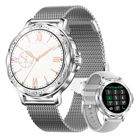 Getfitsoo Smartwatch for Women, Bluetooth Call Watch for iOS Android Phones, Round Touch Screen Waterproof Fitness Tracker with Heart Rate, Blood Oxygen, Blood Pressure, Sleep, Step Monitor(Silver)