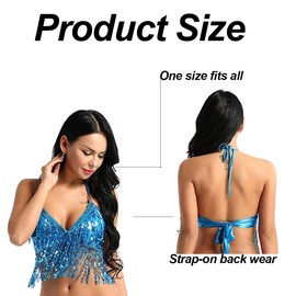 SamHeng Belly Dance Crop Top, Women's Sequin Beads Halter Top Bra, Fringe Tassel Bandage Tank Top Strappy Backless Tube Bra for Belly Dance, Latin Dance, Party Club Costume, red