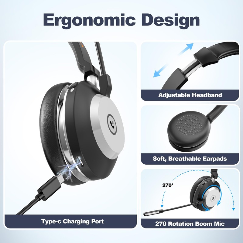 Wantek Headset mit Mikrophone, Wireless Headset 882BT mit Ladestation, V5.2