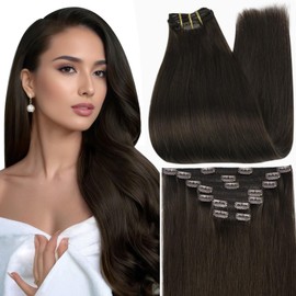 Full Shine 26 Inch Clip in Hair Extensions Human Hair Dark Brown Remy Human Hair Clip in Extensions for Long Hair Soft Straight Hair Extensions Real Human Hair Thick Ends 7 Pcs