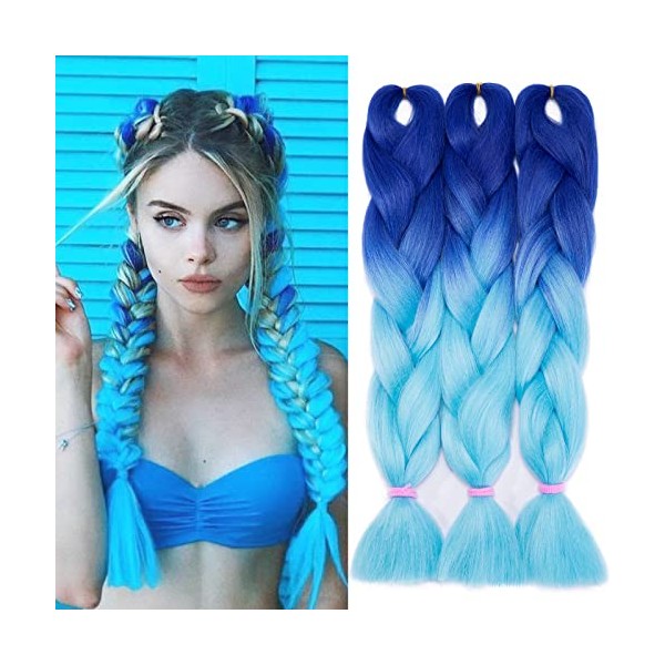 3 Pcs /300g 24'' Two Ombre Jumbo Braiding Hair Synthetic Braid Hair Extensions Dark Blue to Light Blue