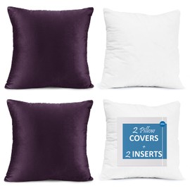 Nestl Throw Pillow Inserts Pack of 2 with Velvet Soft Solid Decorative Square Throw Pillow Covers Set for Sofa Couch Car Bedroom with 26X26 Throw Pillows Inserts with Cushion Covers, Dark Purple