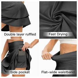 WOWENY Women's Active Skort Athletic Ruffle Pleated Tennis Skirt with Pocket for Running Golf Workout (2-Layer Black, L)