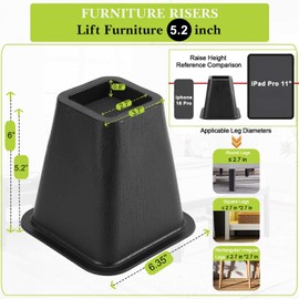 Yookwutar 4 Pack Furniture Risers 6 Inch, Bed Risers Heavy Duty for Table Desk Couch Chair Sofa Cabinet Bed Frame Dorm, Square Table Leg Risers Lift Height 6", Black