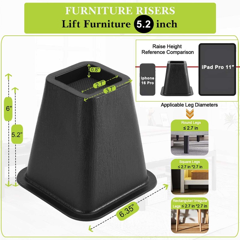 Yookwutar 4 Pack Furniture Risers 6 Inch, Bed Risers Heavy