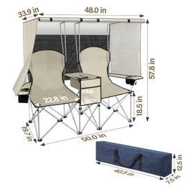 BESTHLS Double Camping Chair with Canopy Shade - Heavy Duty 600D Outdoor Loveseat for Adults, 2-Person Beach Chair with Umbrella, Folding Camp Loveseat for Fishing, Sports, Patio (Blue)