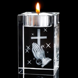 YWHL Portavelas Votivos de Cristal Religioso en Forma de Cruz, Regalos Religiosos para Mujeres, Manos Orando en 3D y Portavelas de Cristal con Cruz para Centro de Mesa (Excluyendo Velas)