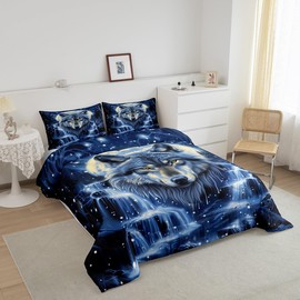 Exotic Wolf Kids King Comforter Sets,Mystery Galaxy Sky Reversible Bedding Set for Boys Men Teens Children,Gothic Moon Animals 3 PCS,Glitter Sky Wildlife Duvet Insert,2 Pillow Cases