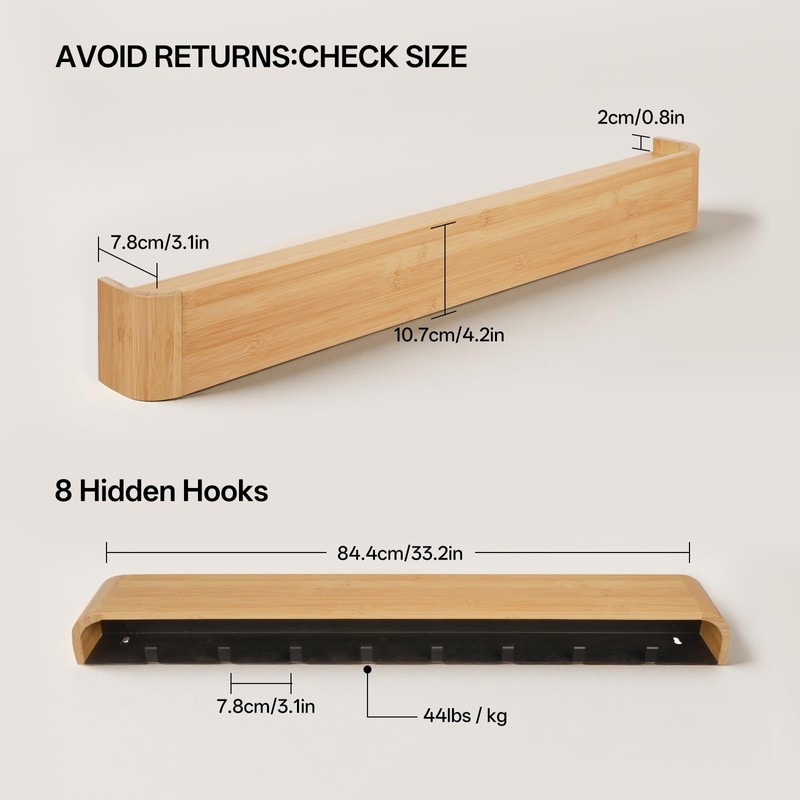bamzc brz 33" Bamboo Coat Rack Wall Mount, 8 Hidden