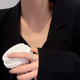 Cute Pearl Statement Ring for Women Girls Gold Plated Faux Pearls Ball Beaded Barbell Expandable Adjustable Open Wrap Rings Comfort Fit Lovely Birthday Christmas Wedding Jewelry