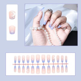 Tertio - 24Pcs Handmade Long French Press on Nails with Design Acrylic Nails Full Cover Reusable with Adhesive Tapes for Women Girls - QM-LZ07