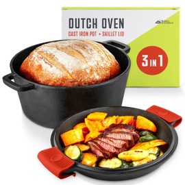 Modern Innovations 3-in-1 Dutch Oven & Skillet Combo, Preseasoned Cast Iron Cookware Set, 5QT Dutch Oven, 1.6QT Skillet with Lid, Versatile Pots and Pans for Camping & Home Cooking