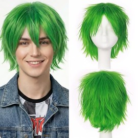S-noilite Unisex Short Straight Cosplay Wig Anime Costume Hair Tail Full Wigs for Women Men Male Halloween Fancy Party,Green