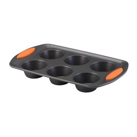 Rachael Ray Yum-o! Nonstick Bakeware Oven Lovin’ Cups Muffin Pan, 6-Cup, Gray with Orange Handles