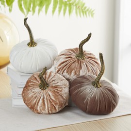 Small velvet pumpkins with stems set of 4, taupe decor, neutral bowl filler for kitchen, year round mantel decor, autumn cozy gift for her, fall centerpiece (2 Luxe Champagne, Ivory, Taupe)