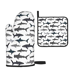 Child Ocean Whale Shark Oven Mitts and Pot Holders Sets,Heat Resistant Non Slip Kitchen Gloves Hot Pads with Inner Cotton Layer for Cooking BBQ Baking Grilling