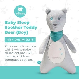 myHummy Baby Sleep Soother Teddy Bear (Boy) Plush Sound Machine with 5 White Noise Sound Options - 60 Minute or 12 Hour Continuous Options