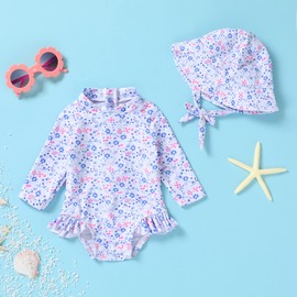 Infant Baby Girl Swimsuit One-Piece Long Sleeve Rash Guard with Hat Set Floral Zipper Bathing Suit Leopard Beach Wear (3-6 Months, Flower#2)
