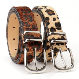 PLUSHCEWT Set of 2 Women's Belts, Leopard Print PU Leather Belt in Two Colours, Adjustable Waist for Jeans Dresses, Casual Fashion, Thin Belt with Metal Buckle, brown, One size fits all