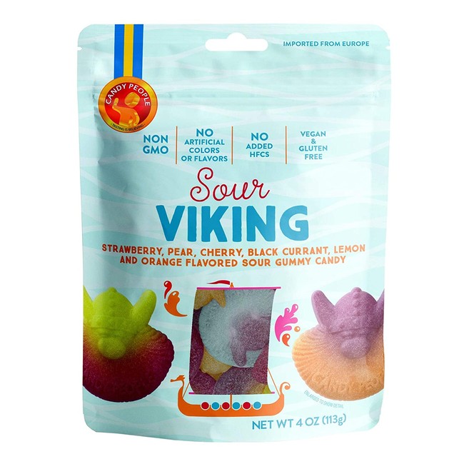 Candy People Sour Viking Fruit Flavored Sour Gummy Candy, 4 Ounce Resealable Pouch – Non-GMO, Gluten-Free and Gelatin-Free