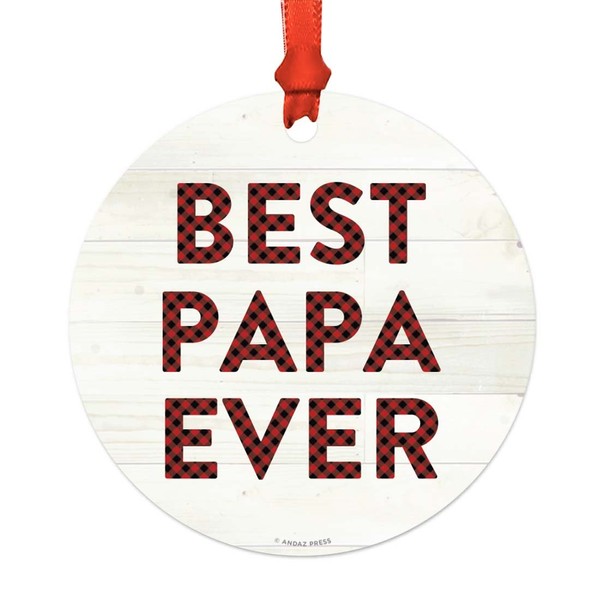 Andaz Press Round Metal Christmas Ornament, Best Papa Ever, Red Plaid on Light Rustic Wood, 1-Pack, Includes Ribbon and Gift Bag, Father's Day Birthday Present Gift Ideas