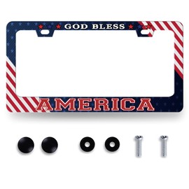 God Bless America License Plate Frame American Flag Christian Patriotic License Plate Holder Colorful Stainless Steel Auto Parts Personalise Funny License Plate Decoration Screws 12.3"x6.3"