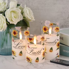 DRomance Sunflower Glass Flameless Candles with Remote Timer Battery Operated LED Pillar Candles Real Wax 3D Wick Flickering Warm Light Wedding Dinner Holiday Spring Candles 3 x 4,5,6 Inches