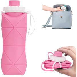 Botella de Agua Plegable con Válvula a Prueba de Fugas, Botella Flexible Sin BPA, Reutilizables, Mini Conveniente Botella de Viaje de Silicona, para Camping, Gimnasio, Deportes (Rosa)