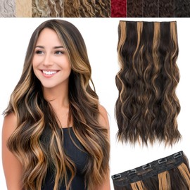 SEGO 3/4 Full Head Clip in Hair Extensions Long Wavy Synthetic Hairpiece 20 Inch One Piece Clip In Hairpiece With 5 Secure Clips, Dark Brown & Caramel