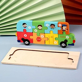 MODERNGENIC Wooden 'Bus' 3D Jigsaw Puzzle for Kids, Animal Number Block Puzzles for Toddlers, Educational Learning Montessori Toys for Boys and Girls (Bus)