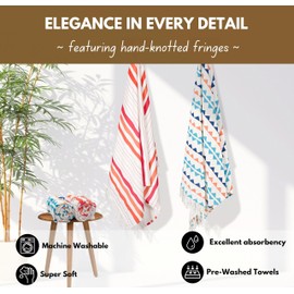 Native Fab Turkish Fouta Beach Towels - Set of 4 - Extra Large 40"x72" - 100% Cotton - Soft, Thick, Absorbent, Terry Towels for Adults, Swim, Bath - Boho Multi Pack - Red, Orange, Blue, Navy