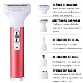 Depiladora Mujer, 5 en 1 Depiladora Facial Eléctrica Recargable, Afeitadora Electrica Mujer Impermeable para Vello Facial, Cejas, Axilas, Área Bikini, Piernas, Brazo, Recortador de Nariz Sin Dolor