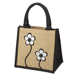 Jute Hessian Lunch Gift Bag - Flower Design (Black)