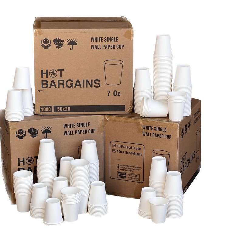 HOT BARGAINS, 1000 X 7oz Single Wall White Paper Cups