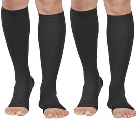 MGANG® 20-30 mmHg Compression Stockings for Men and Women, 2 Pairs Medical Compression Socks, Knee High Length, Open Toe, Opaque, Support Hose for Varicose Veins, Oedema, Swelling, Black XX-Large