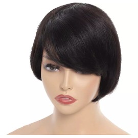 BM Peluca De Cabello Humano Corto De Color Negro Pixie Con Fleq