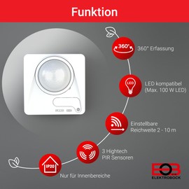 ELEKTROBOCK IR22B Infrared Motion Detector | For Indoor 360° Detection | 10 Degree Sensors | LED Compatible | Setting: Range, Lumens, Duration | 3 High-Tech Sensors | White