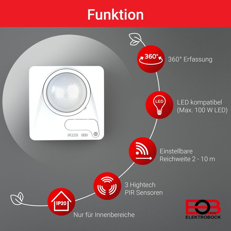 ELEKTROBOCK IR22B Infrared Motion Detector | For Indoor 360° Detection