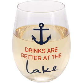 Pavilion Gift Company 18 Oz Stemless Wine Glass Drinks Are Better At The Lake, Blue