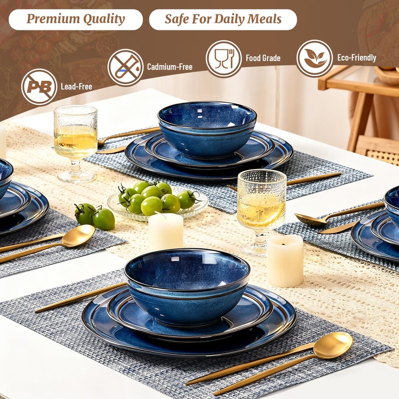 Feastly Plates and Bowls Sets 12 Pieces, Blue Reactive Glaze