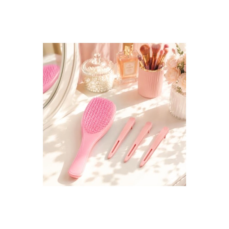 Cepillo Desenredante para Cabello con Pinzas, Kit Peinado Mujer Rosa