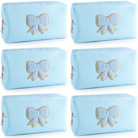 6 Pcs Bow Makeup Bag Bulk Preppy Cosmetic Bag PU Leather Travel Toiletry Bag Waterproof Small Makeup Pouch Bag for Purse Cute Coquette Stuff for Girls Women Bachelorette Party Gifts (02 Blue)