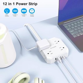 12 en 1 Regleta Multicontacto Extension USB, con 8 Salidas CA y 4 Puertos USB (2 USB C), estación de Carga Delgada de computadora para Oficina, Viajes