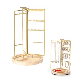 Chris.W Jewelry Holder Organizer, 360° Rotating Jewelry Display 3 Independent Sections, Metal Frame Earring Bracelet Stand with Tray, Jewelry Tower Organizer for Necklaces Bracelets Earrings (Gold)