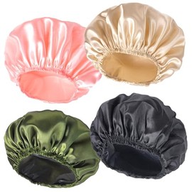 Shower Caps for Women, 4 PCS Elastic and Reusable Bath Caps, Double Layers Shower Cap Reusable Waterproof, Bathing Shower Caps, Environmental Bath Hair Protection Cap - Solid Color B