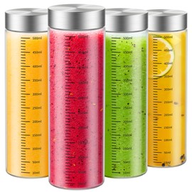 CWHHRN 18 Oz Glass Bottles, 4 Pack Glass Juice Bottles with Lids, BPA Free, Borosilicate Glass, Leak Proof Lids for Juicing, Smoothies, Infused Water, Beverage Storage, Shaker Bottles