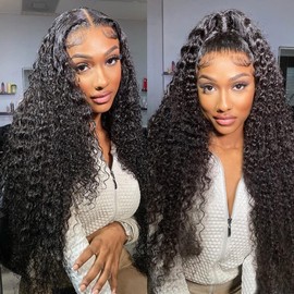 Giginger T Part Lace Frontal Wig 32 Inch Deep Wave Wigs Human Hair 200% Density Real Full Large Lace Space 13X1 Natural Black Deep Wave Wigs Human Hair Pre Plucked For Black Women